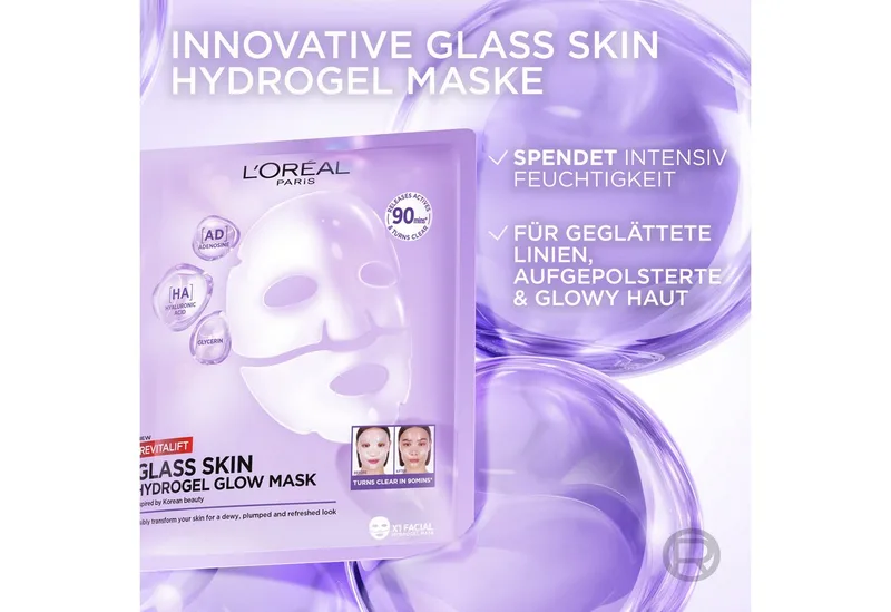 Gesichtsmaske REVITALIFT GLASS SKIN HYDROGEL GLOW MASK Set, 4-tlg., für aufgepolsterte & glowy Haut von L'Oréal Paris in Lila – Produktfoto 3 von 3