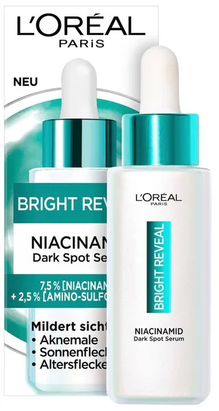 Gesichtsserum BRIGHT REVEAL DARK SPOT NIACINAMID SERUM, hilft Pigment-Sonnen- und Altersflecken sowie Aknemale zu mildern von L'Oréal Paris in Weiß – Produktfoto 1 von 5
