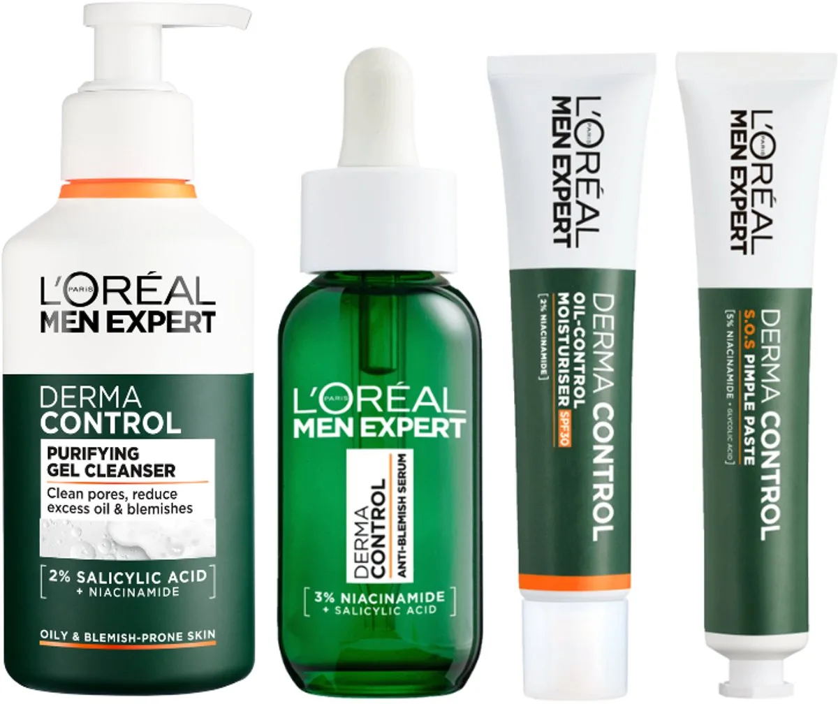 Men Expert Cadeauset Derma Control Compleet - Men Expert Derma Control Moisturiser Oil Control SPF30 40 ml - Men Expert Derma Control SOS Pimple Paste 45ml - Men Expert Derma Control Serum Niacinamid fra L'Oréal Paris – produktbillede