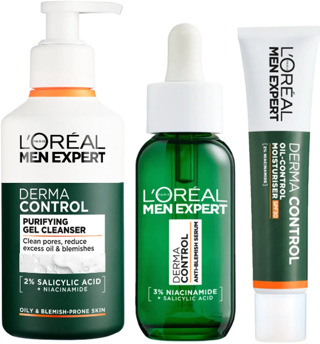 Men Expert Cadeauset Derma Control Skin Care Routine - Men Expert Derma Control Moisturiser Oil Control SPF30 40 ml - Men Expert Derma Control Gel Cleanser Purifying 260ml - Men Expert Derma Control Serum Niacinamide Anti Blemish 30 ml by L'Oréal Paris – product photo