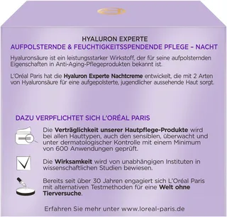 Nachtcreme Hyaluron Experte Nachtcreme & Maske, mit reichhaltiger Formel von L'Oréal Paris in Weiß – Produktfoto 3 von 4