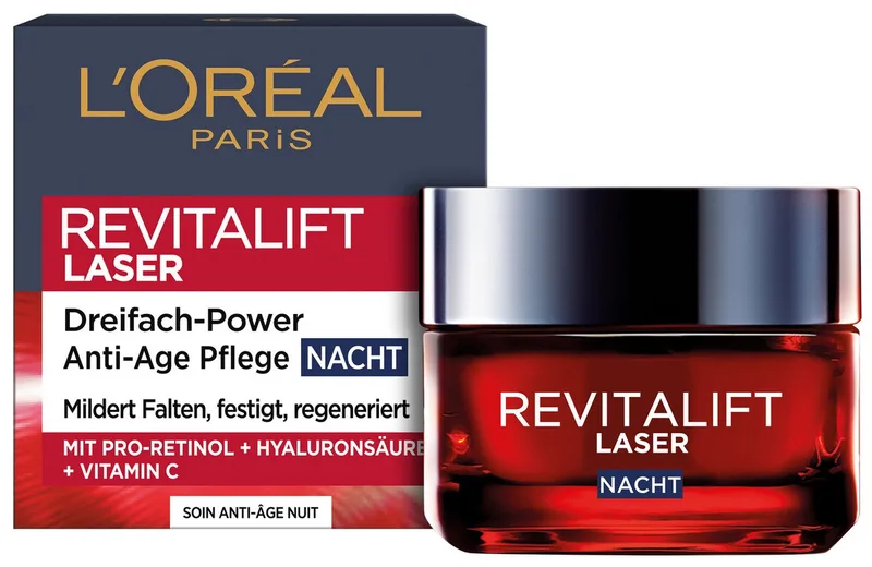Nachtcreme REVITALIFT LASER DREIFACH-POWER ANTI-AGE NACHTPFLEGE, mit Pro-Retinol + Hyaluronsäure und Vitamin C by L'Oréal Paris in White – product photo 1 of 2