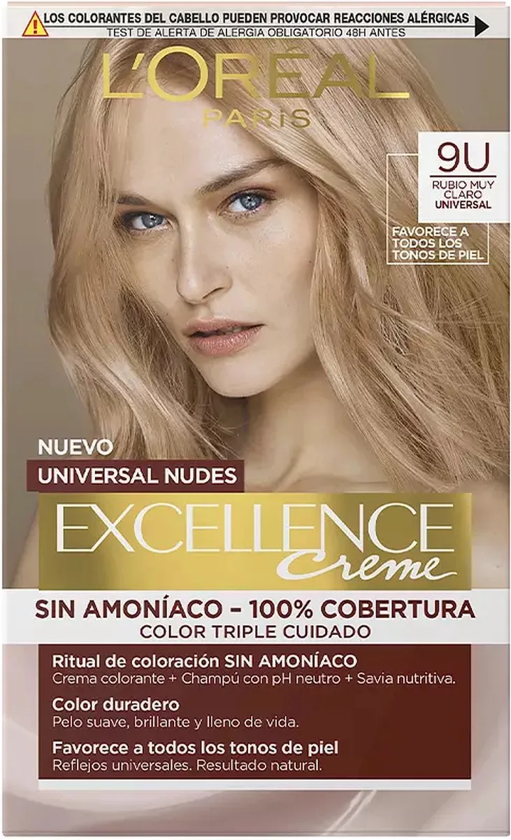 Permanent Dye L'Oreal Make Up Excellence Nº 9U Very Light Blonde de L'Oréal Paris en Zeer licht blond – photo du produit