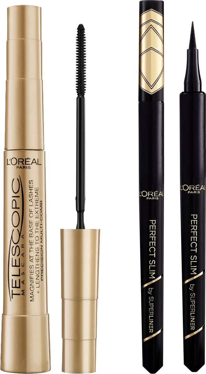 Telescopic Classic Mascara Zwart & Superliner Perfect slim Zwart - Lengte mascara voor zichtbaar langere wimpers - Zwarte pen eyeliner - Routine Bundel de L'Oréal Paris en Zwart + zwart – photo du produit