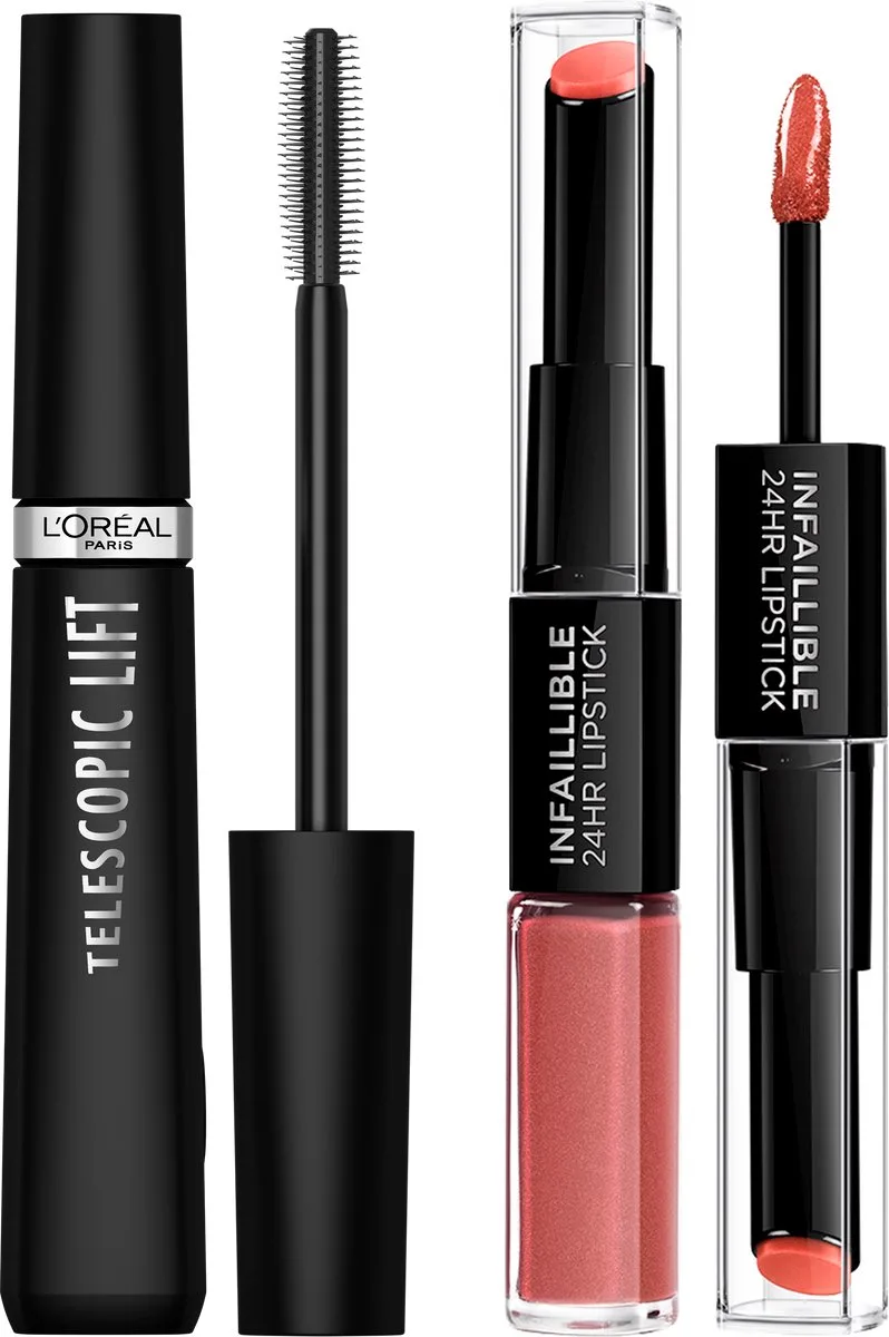 Telescopic Lift Mascara & Infaillible 24H Lipstick 312 Incessant Russet Lipstick Giftset – Mascara voor lange, gelifte wimpers en volume +5mm - Langhoudende 2-staps Lipstick met Vitamine E - Routine Bundel van L'Oréal Paris in Zwart + roze – productfoto
