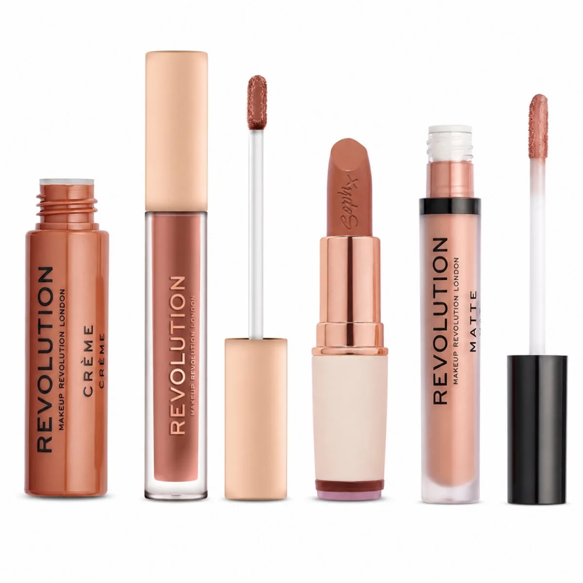 Lipset – Crèmelipstick + Metallic Gloss + Matte Gloss + Soph X Lippenstift van Makeup Revolution in Kleurloos – productfoto