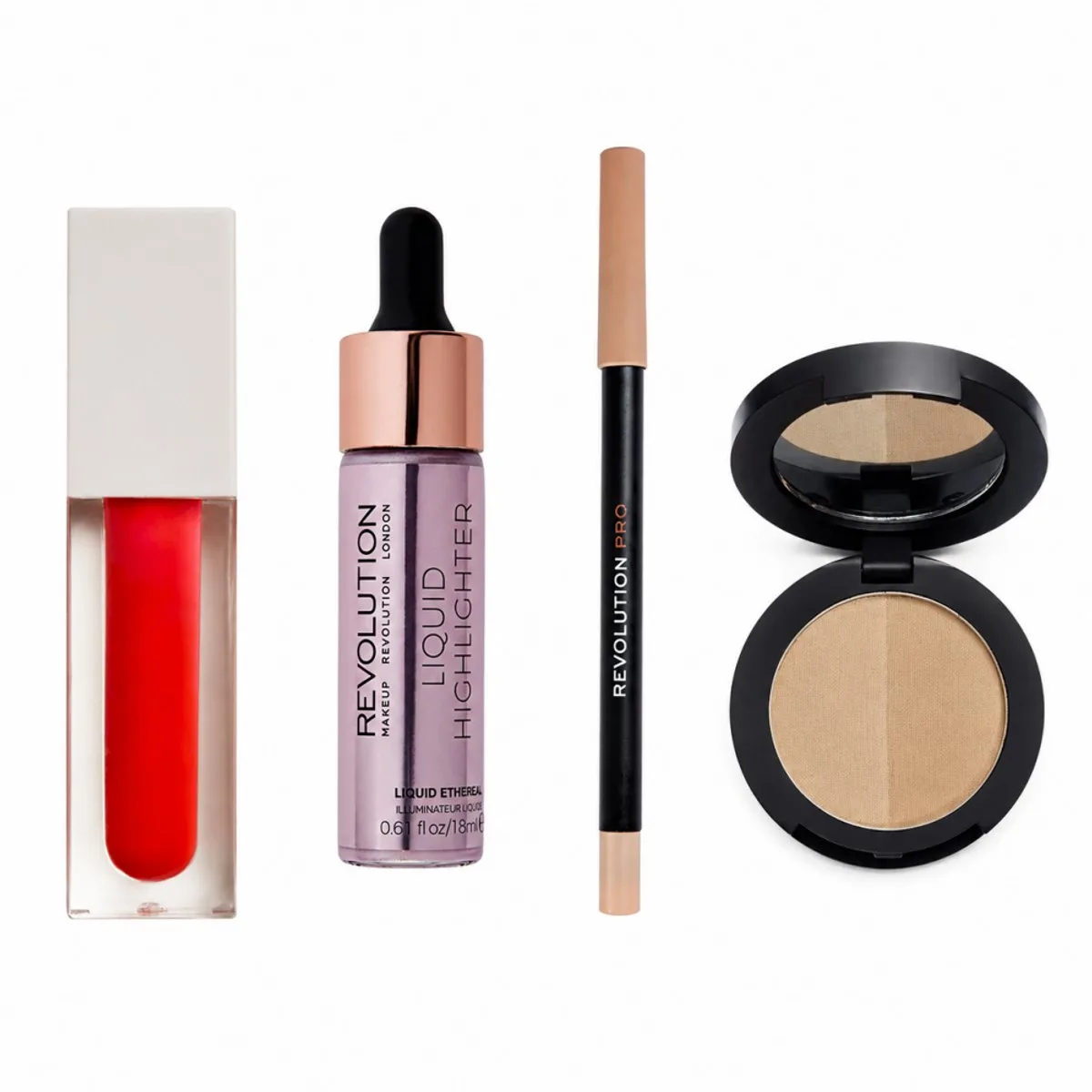 Make-up Set – Wenkbrauwen + Eyeliner + Lipgloss + Highlighter fra Makeup Revolution i Kleurloos – produktbillede