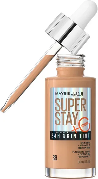 Foundation SUPER STAY 24H SKIN TINT MIT VITAMIN C, bietet dank hautähnlicher Pigmente eine leichte bis mittlere Deckkraft von Maybelline in Braun – Produktfoto 1 von 3