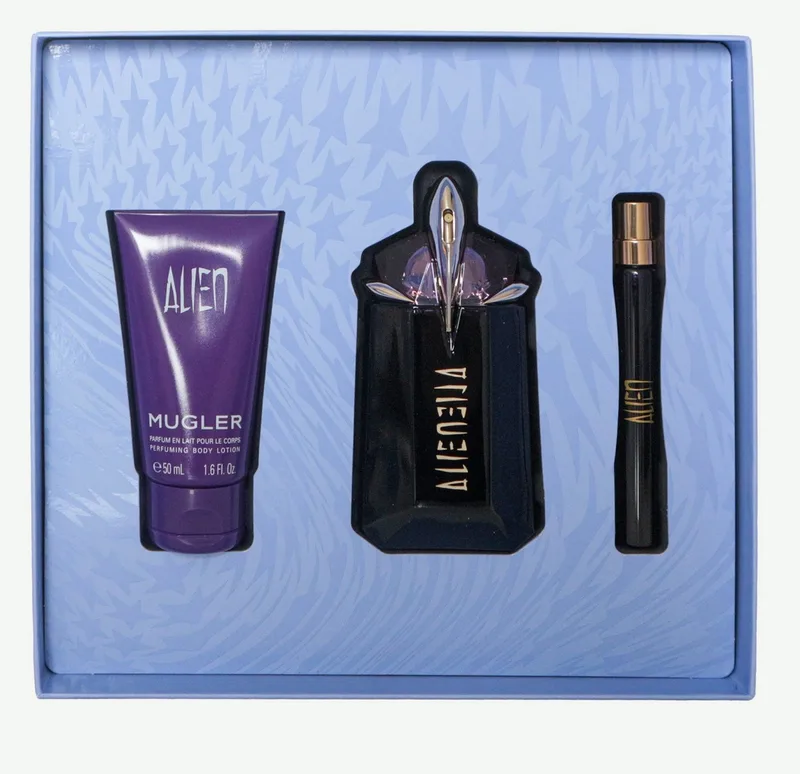 Duft-Set ALIEN, 3-tlg., Gesschenkst:EDP 60ml + Bodylotion 50ml + Travelsize EDP 10ml fra Mugler – produktbillede 1 af 2