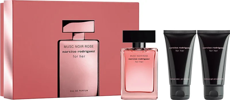 for Her Musc Noir Rose Giftset - 50 ml eau de parfum spray + for Her 50 ml showergel + for Her 50 ml bodylotion - cadeauset voor dames de Narciso Rodriguez – photo du produit