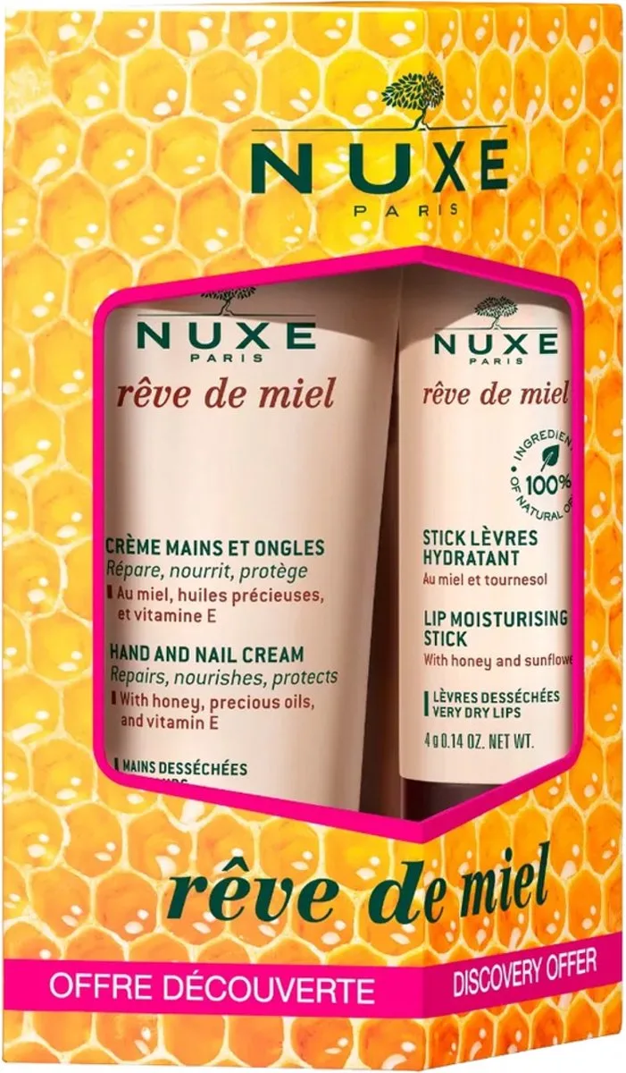 Rêve de miel hand- en nagelcrème plus hydraterende lipstick fra Nuxe – produktbillede