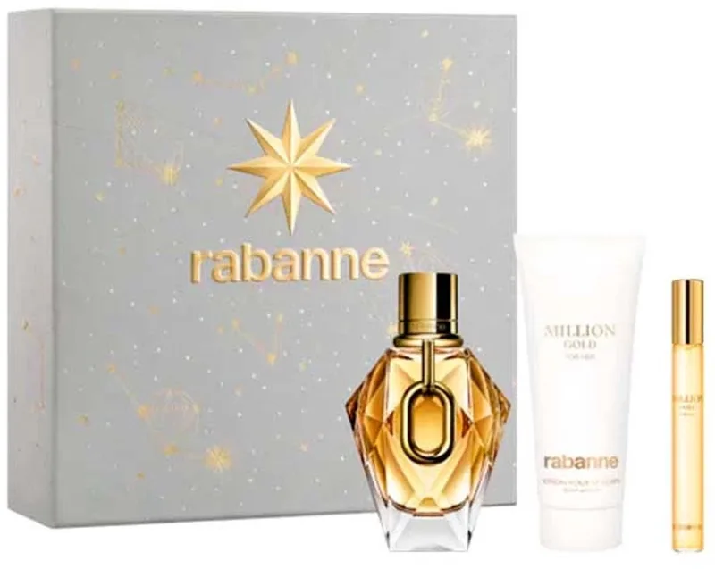 Million Gold for Her Giftset - 50 ml navulbare eau de parfum spray + 10 ml eau de parfum spray + 100 ml bodylotion - cadeauset voor dames von Rabanne – Produktfoto