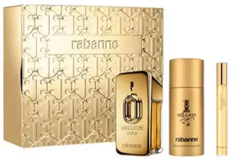 Paco Rabanne 1 Million Gold Gift Set: 50ml Parfum Spray + 150 ml Deodorant Spray + 10ml Travel Spray von Rabanne – Produktfoto