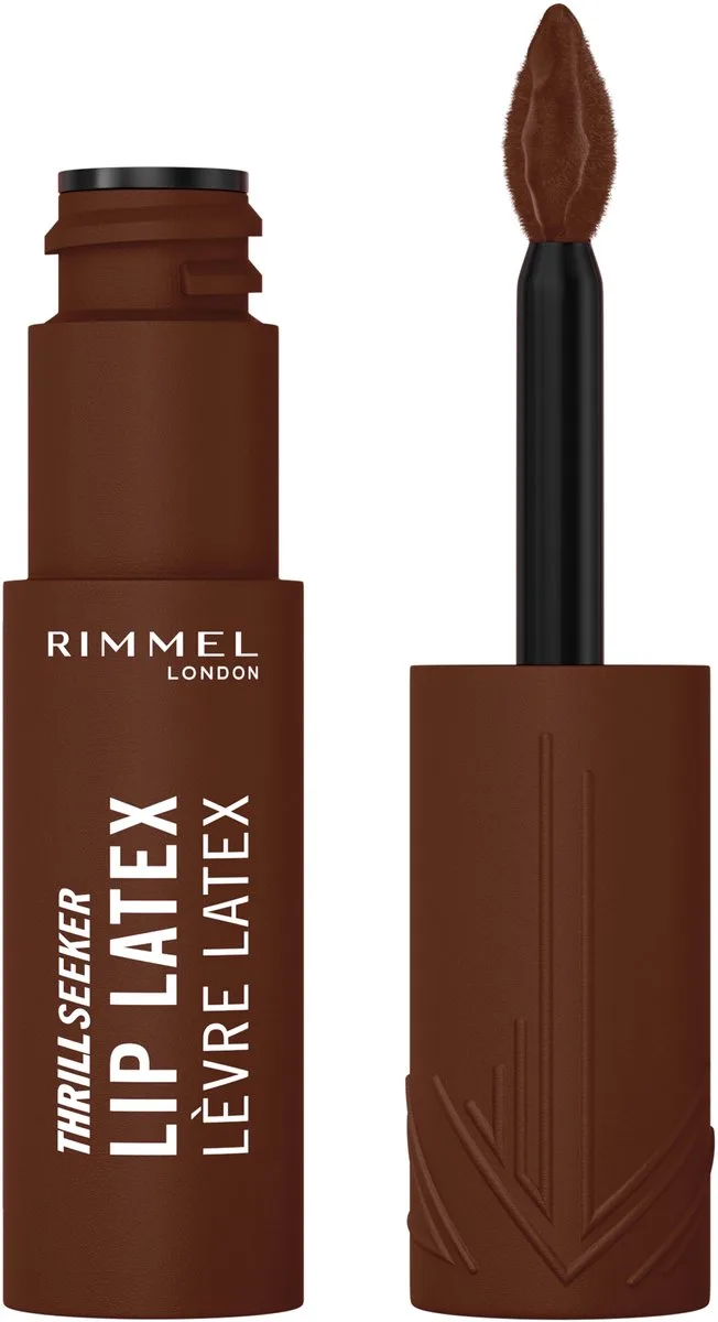 Thrill Seeker Lip Latex, Cappuccino Deep, Vloeibare lipstick, Intense kleurresultaten, Met aloë vera, hyaluronzuur en vitamine E, Vegan formule, 6 ml van Rimmel London in 600 Cappuccino Deep – productfoto