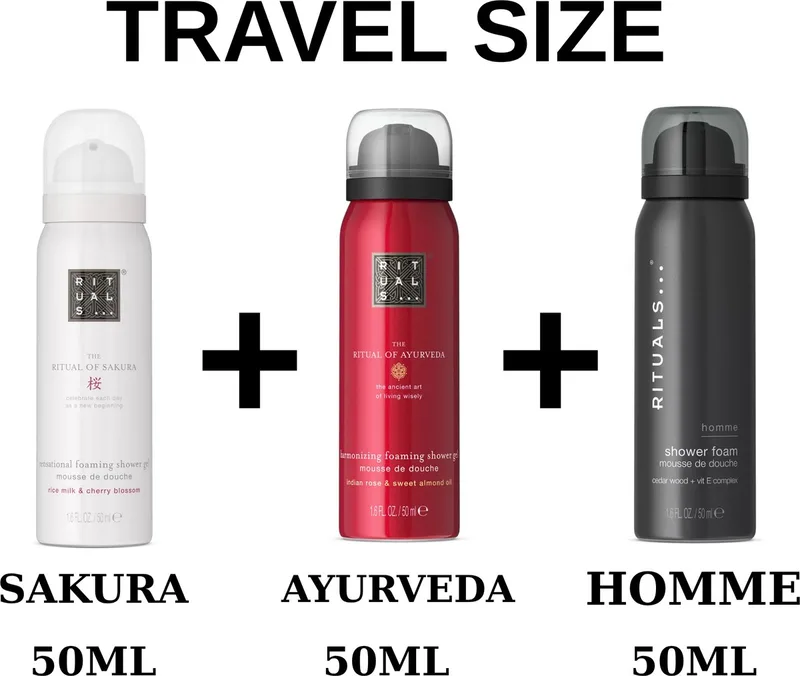 Combi Set - Travel Shower Gels Set - Sakura 50 ml - Ayurveda 50 ml - Homme 50 ml - Doucheschuim - Douchegels von Rituals in 50 ml – Produktfoto