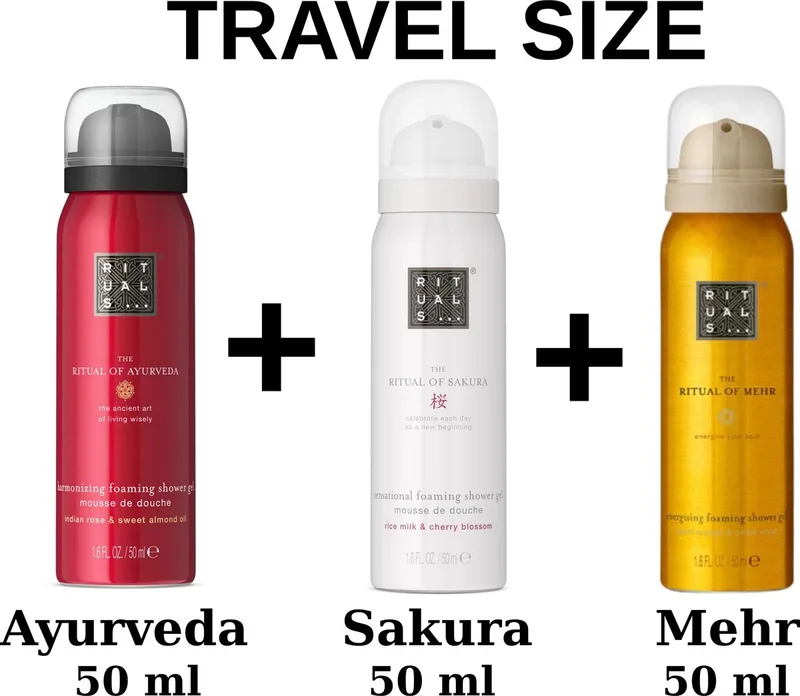 Combi Set - Travel Shower Gels Set - Sakura 50 ml - Ayurveda 50 ml - Mehr 50 ml - Doucheschuim - Douchegels von Rituals in 50 ml – Produktfoto