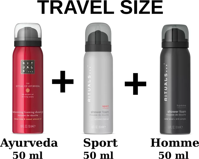 Combi Set - Travel Shower Gels - Sport 50 ml + Homme 50 ml + Ayurveda 50 ml + Gift bag - 3X 50 ml = 150 ml - Douche gels - Doucheschuim - Travel Size de Rituals – photo du produit