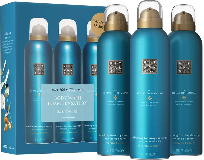 Doucheschuim - 3x 200 ml - Ritual of Hammam - Arganolie & Eucalyptus - Foaming Shower Gel - Douchegel - Badschuim - Douchefoam - Shower Foam - Douche Foam - 3 Producten - Geschenkset Vrouwen en Mannen - Dames - Vrouw - Heren - Man - Men fra Rituals – produktbillede