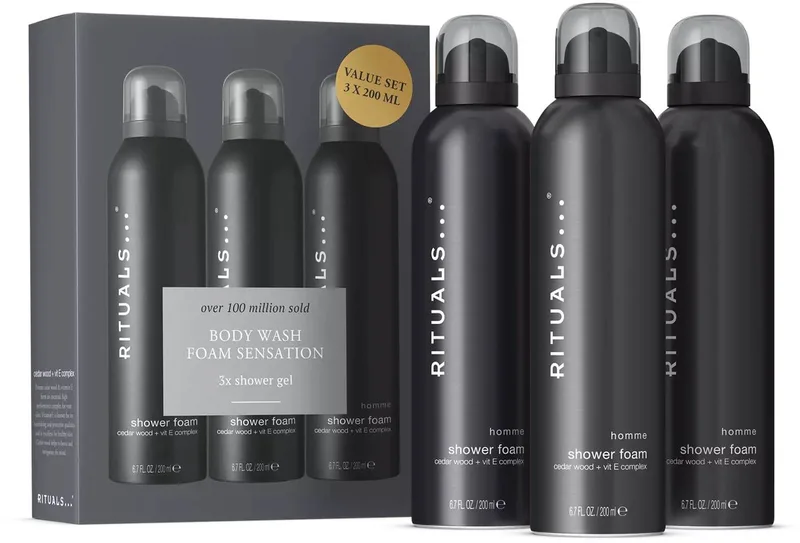 Doucheschuim - 3x 200 ml - Ritual of Homme - Cederhout & Vitamine E Complex - Foaming Shower Gel - Douchegel - Badschuim - Douchefoam - Shower Foam - Douche Foam - 3 Producten - Geschenkset Mannen - Heren - Man fra Rituals – produktbillede