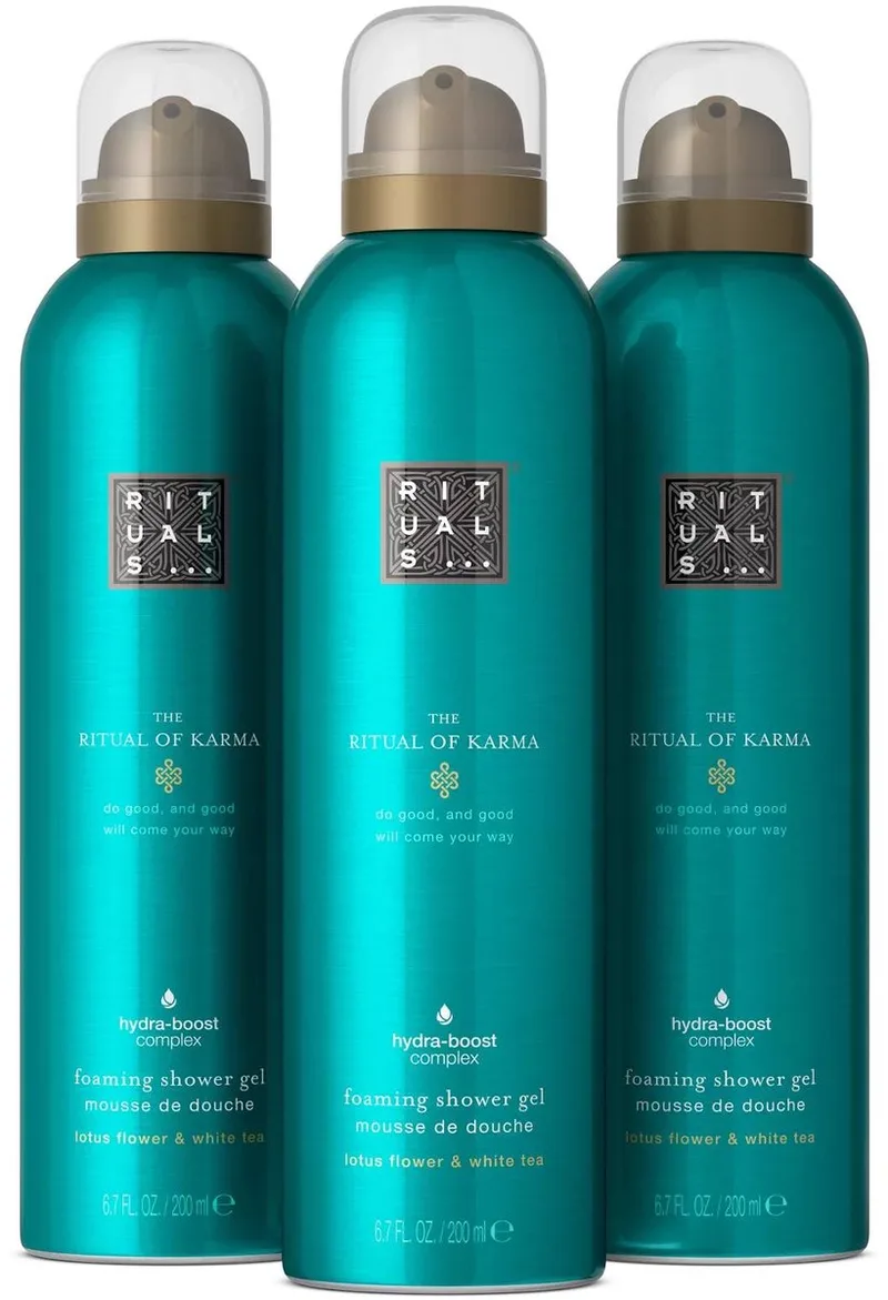 Doucheschuim - 3x 200 ml - Ritual of Karma - Lotusbloem & Witte Thee - Foaming Shower Gel - Douchegel - Badschuim - Douchefoam - Shower Foam - Douche Foam - 3 Producten - Geschenkset Vrouwen en Mannen - Dames - Vrouw - Heren - Man - Men de Rituals – photo du produit