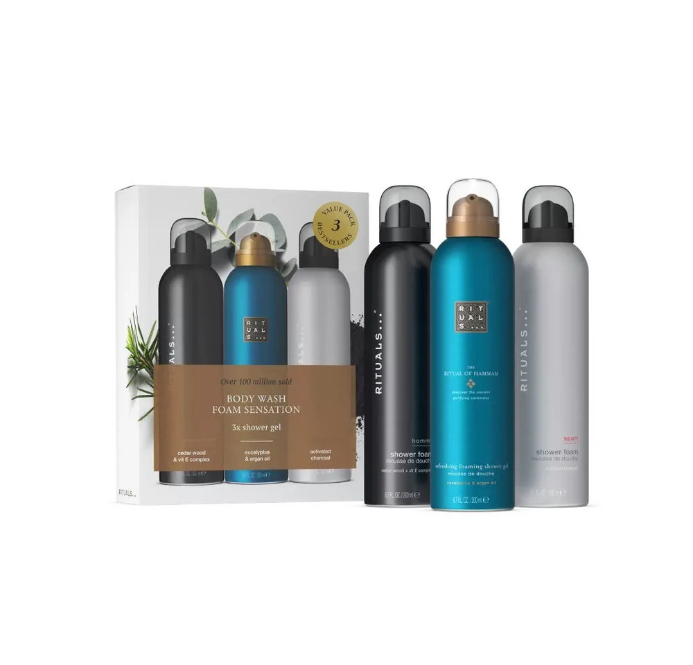 Pflege-Geschenkset Rituals Duschschaum Vorteilspack Hammam, Sport & Homme 3x200ml, 3-tlg., 3 Original‑Shower‑Foams, Gel‑zu‑Schaum, Sparpaket 2024 von Rituals – Produktfoto