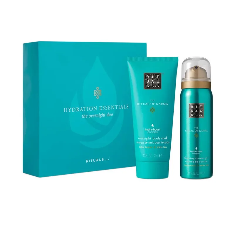 Pflege-Geschenkset Rituals Karma Mini Foaming Shower Gel Overnight Body Mask, 2-tlg., Schaumiges Duschgel mit beruhigendem Duft van Rituals – productfoto 1 van 2