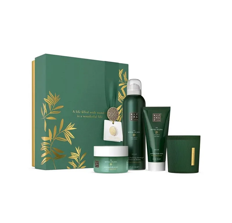 Pflege-Geschenkset Rituals The Ritual of Jing Medium Gift Set, 4-tlg., Pflegeset mit Duschschaum, Body Cream, Scrub & Duftkerze fra Rituals i Grøn – produktbillede 1 af 4