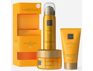 Pflege-Geschenkset von Ritual of Mehr 3-teilig Probeset: Duschgel, Creme und Scrub von Rituals in Gelb – Produktfoto 1 von 3