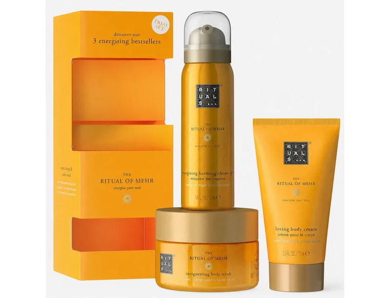 Pflege-Geschenkset von Ritual of Mehr 3-teilig Probeset: Duschgel, Creme und Scrub von Rituals in Gelb – Produktfoto 1 von 3