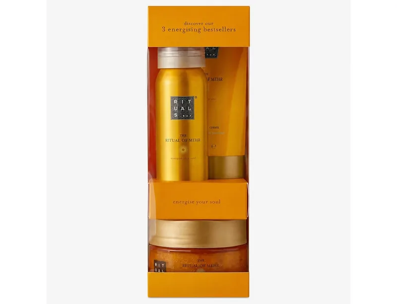 Pflege-Geschenkset von Ritual of Mehr 3-teilig Probeset: Duschgel, Creme und Scrub von Rituals in Gelb – Produktfoto 2 von 3