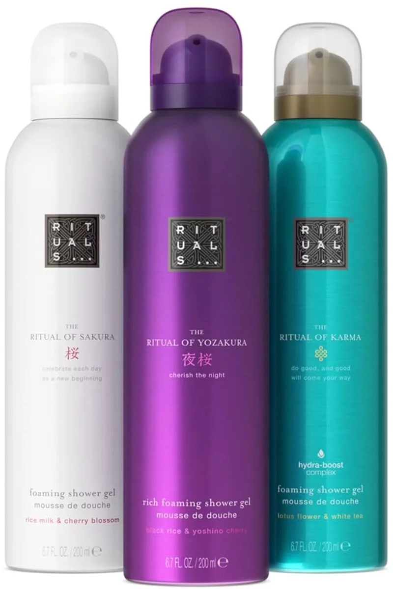 Shower Foam Gift Set – 3 x 200 ml – The Ritual of Sakura, Karma & Yozakura – Luxe Doucheschuim Cadeauset von Rituals in 600 ml – Produktfoto