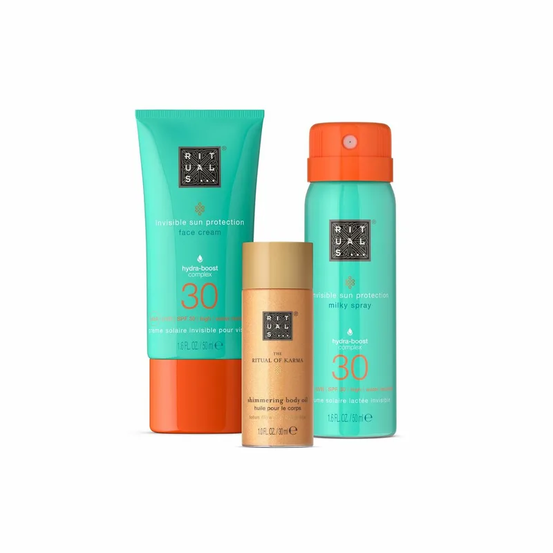 The Ritual of Karma Sun Trial Set = Shimmering Body Oil 30 ml + Sun Protection Face Cream SPF 30 50 ml + Sun Protection Milky Spray 30 50 ml by Rituals – product photo 1 of 3