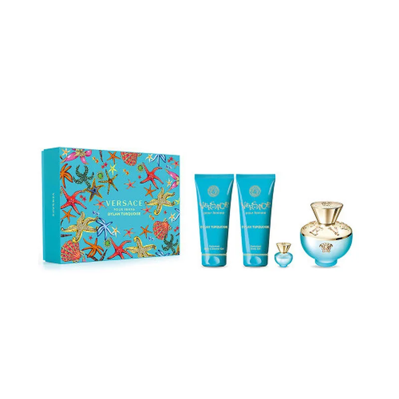 Dames Dylan Turquoise geschenkset geuren (eau de toilette 100 ml + reisfles 5 ml + bodylotion 100 ml + bad- en douchegel 100 ml) fra Versace – produktbillede