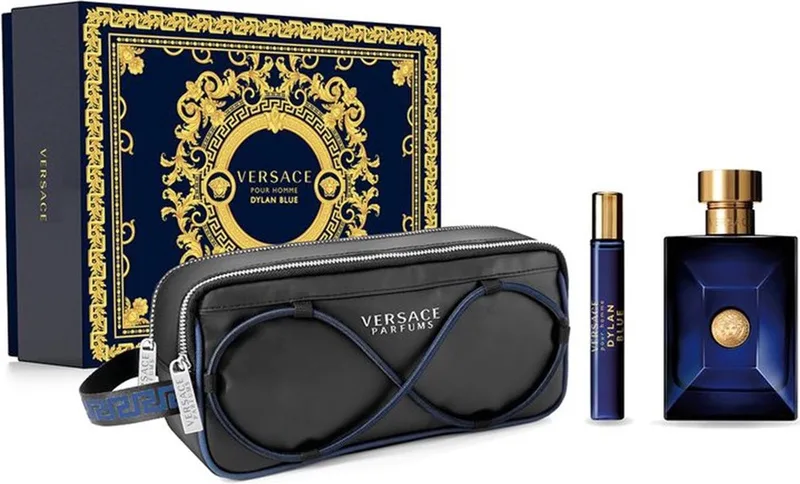 Dylan Blue Giftset - 100 ml eau de toilette spray + 10 ml eau de toilette + toillettas - cadeauset voor heren von Versace – Produktfoto