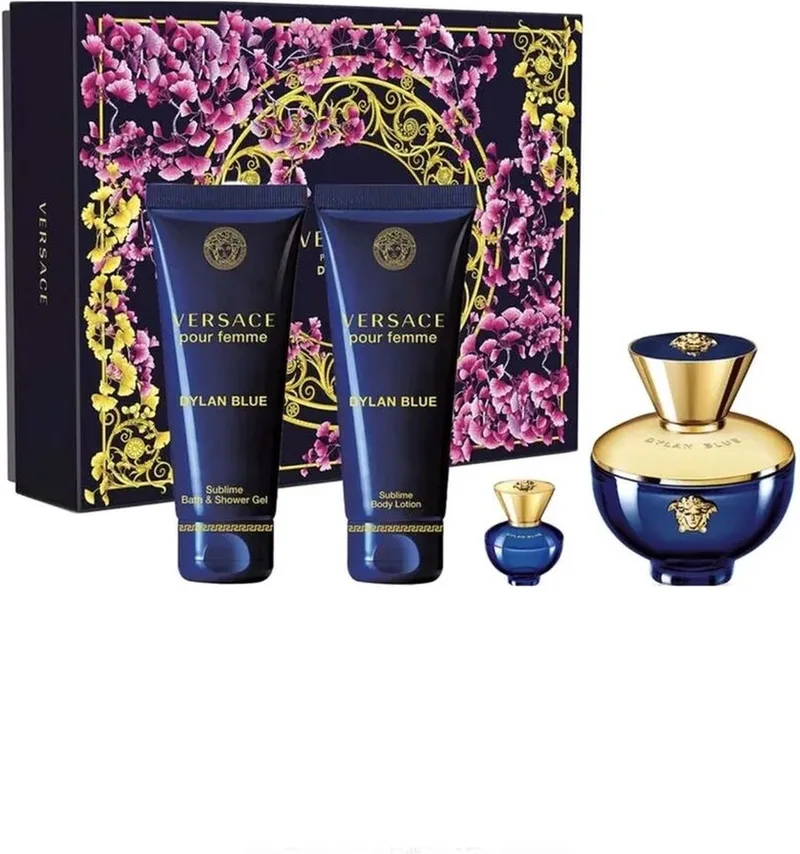 Dylan Blue Pour Femme Gift Set 100 ml EdP + 5ml EdP + 100 ml BL + 100 ml DG fra Versace – produktbillede