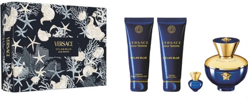Dylan Blue Pour Femme Giftset 305 ml - Edp Spray 100ml/Edp Spray 5ml/Body Lotion 100ml/Bath & Shower Gel 100ml von Versace – Produktfoto
