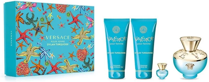 Dylan Turquoise pour Femme Giftset - 100 ml eau de toilette spray + 5 ml eau de toilette tasspray + 100 ml showergel + 100 ml bodygel - cadeauset voor dames von Versace – Produktfoto