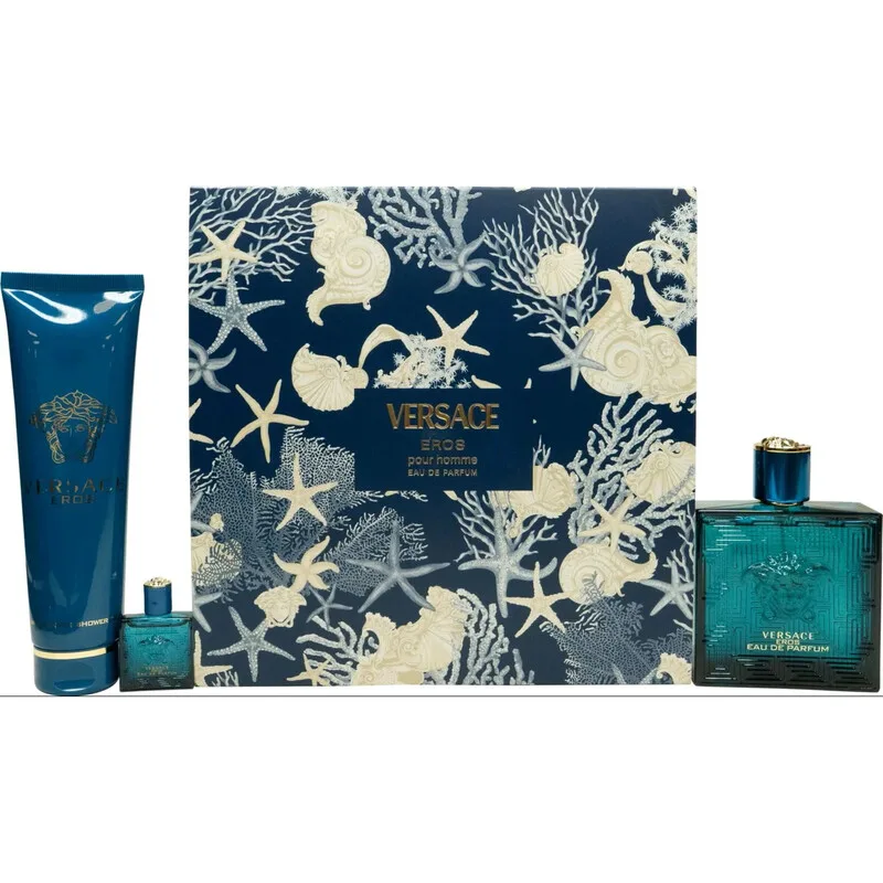 Eros Pour Homme Geschenkset 3-teilig 255 ml – Eau de Parfum 100 ml, Miniatur 5 ml und Duschgel 150 ml fra Versace – produktbillede