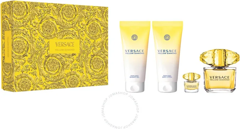 Yellow Diamond Giftset - 90 ml eau de toilette spray + 5 ml eau de toilette spray + 100 ml showergel + 100 ml bodylotion - cadeauset voor dames fra Versace – produktbillede