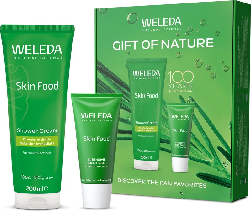 Skin Food 100 Jaar Jubileum Giftset - Limited Edition Cadeauverpakking - Douchecrème & Skin Food Original - Voedt Alle Plekjes Die Ruw En Droog Zijn - Driekleurig Viooltje, Kamille & Calendula - 100% Natuurlijke Ingrediënten van Weleda – productfoto