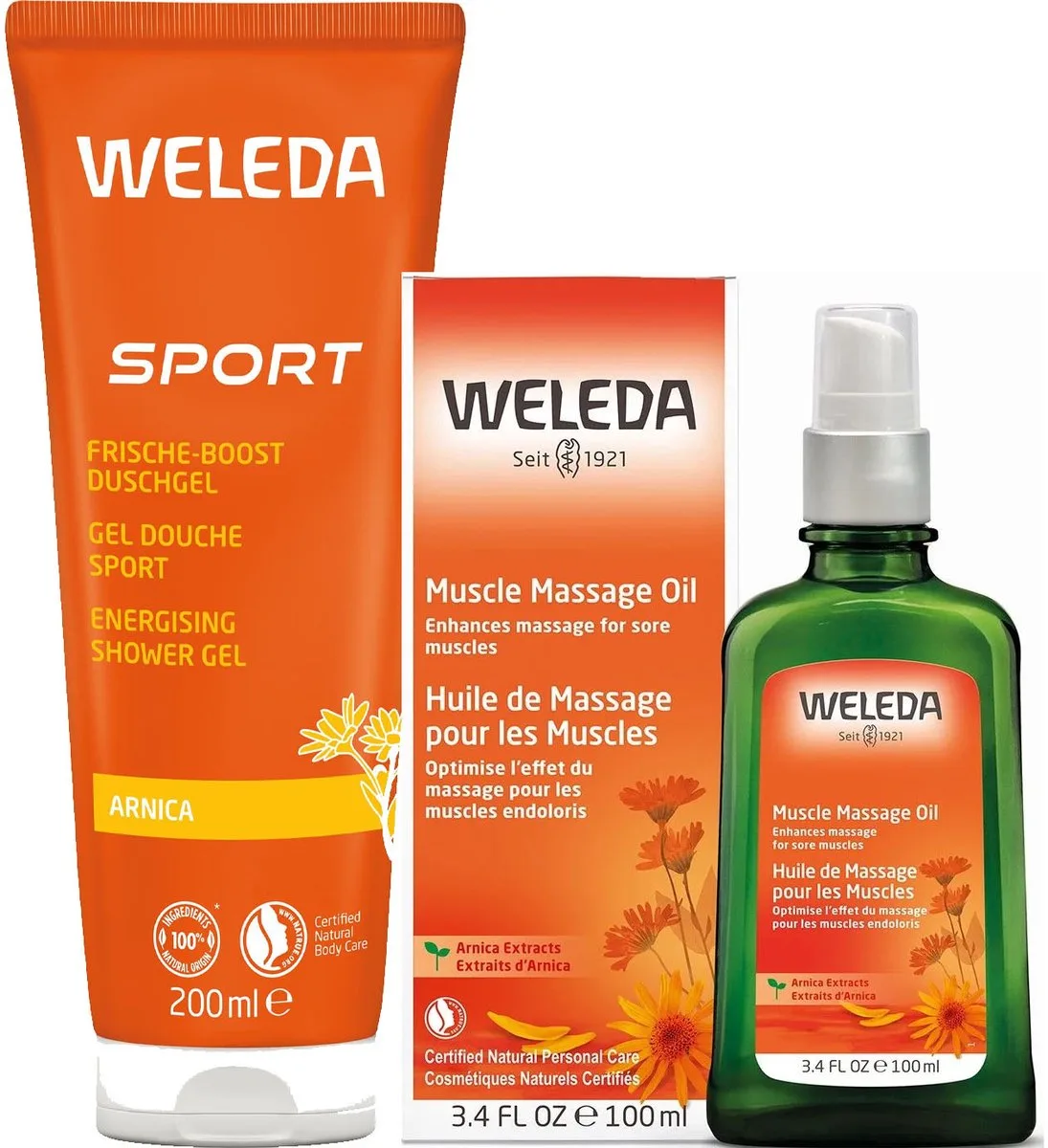 Sport Set – Douchegel 200 ml & Massageolie 100 ml in een tasje by Weleda – product photo