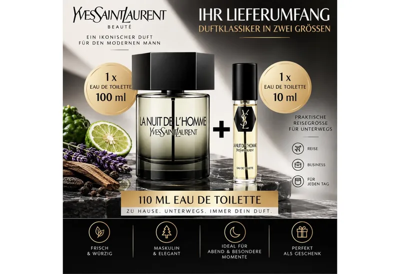 Duft-Set La Nuit de L’Homme EdT 100 ml inkl. 10 ml Reisegröße, 2-tlg., Originalduft mit praktischer 10-ml-Reisegröße – insgesamt 110 ml de Yves Saint Laurent – photo du produit 2 sur 5